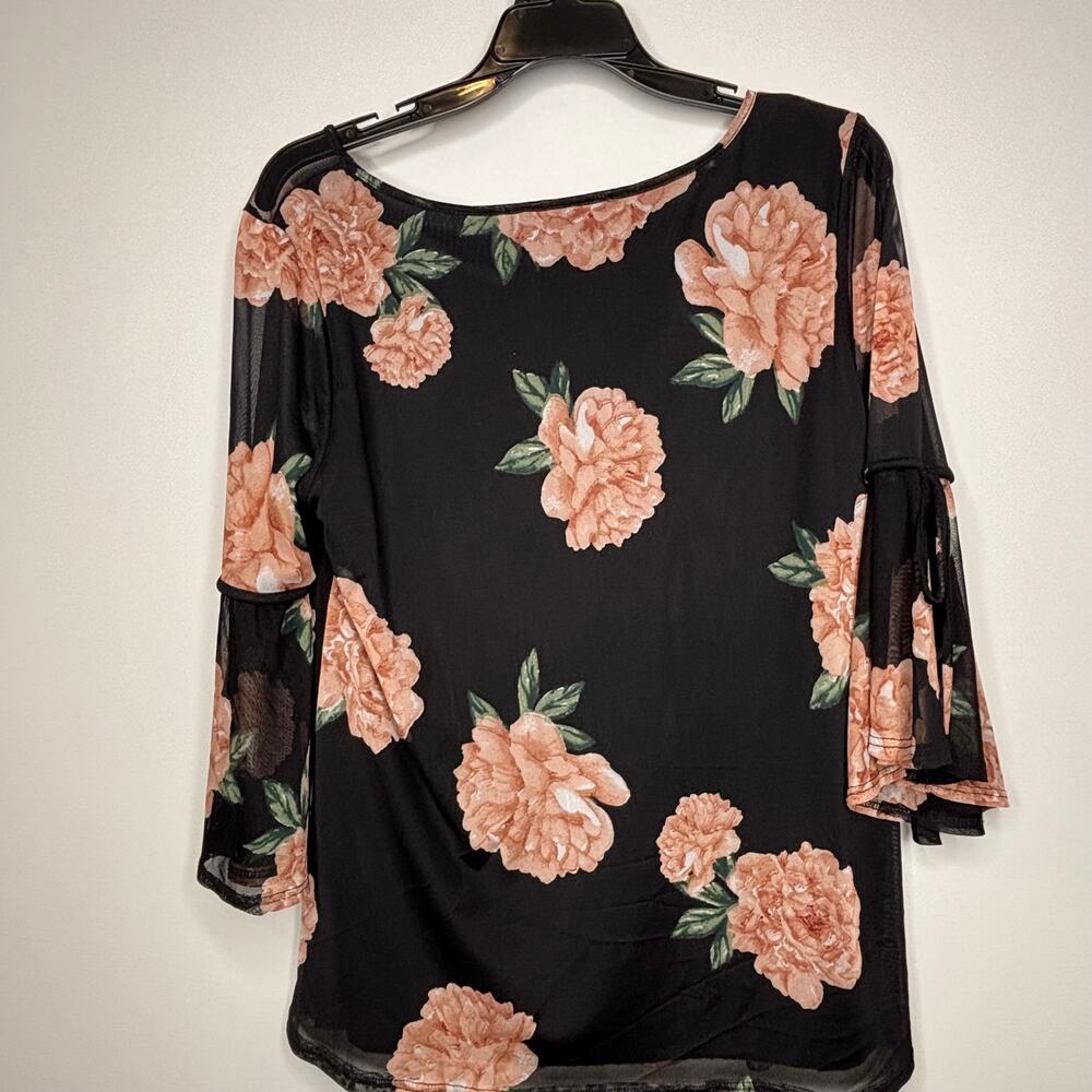 Black Floral Mesh Bell Sleeve Blouse Women’s Med Boho Sheer Sleeve Top - Picture 6 of 8
